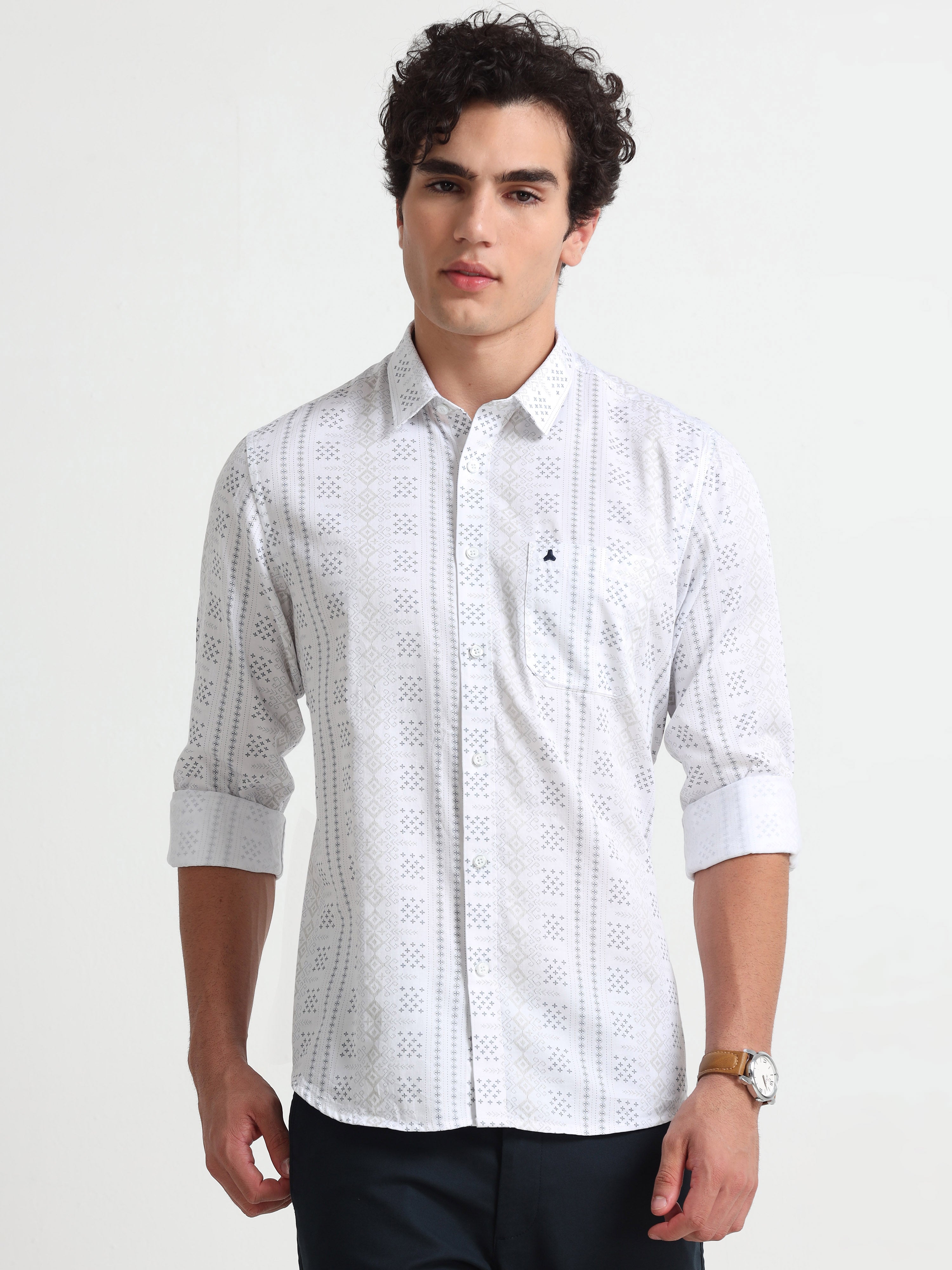 MEN'S WHITE PRINTED SLIM FIT SHIRT