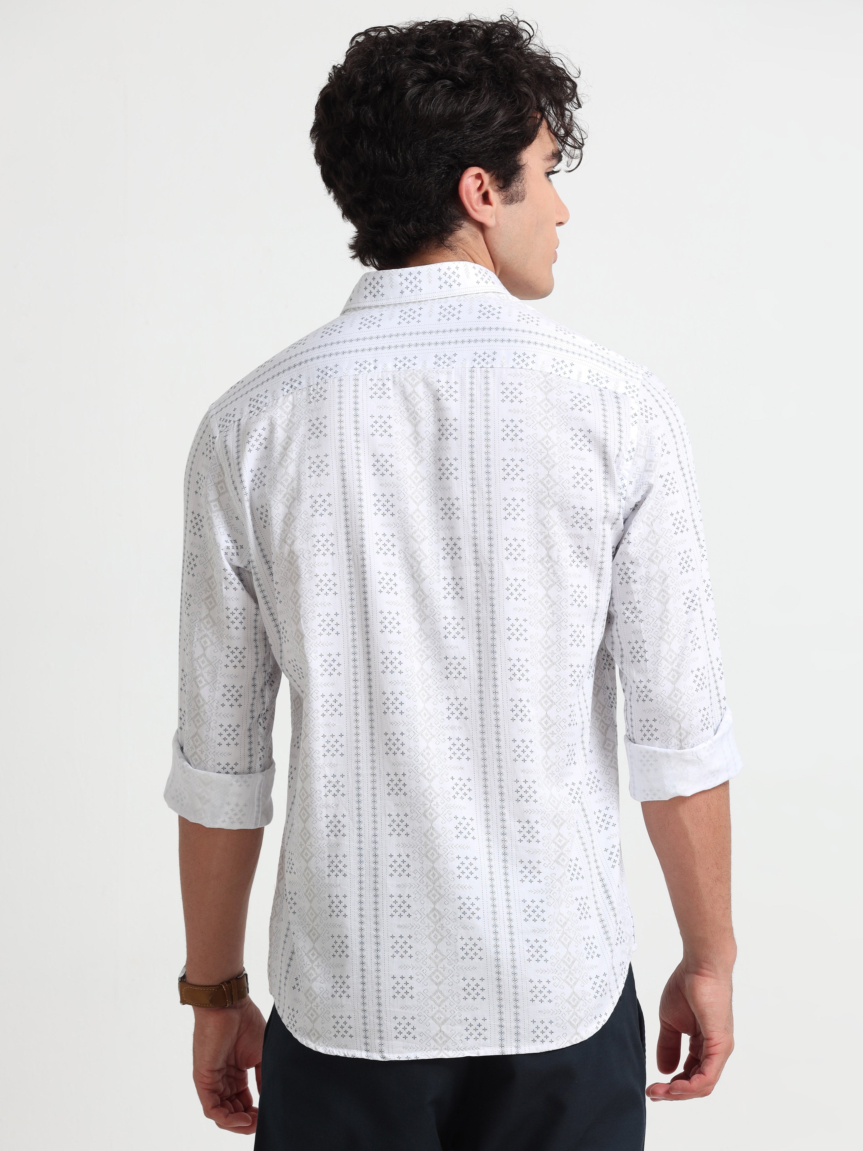 MEN'S WHITE PRINTED SLIM FIT SHIRT