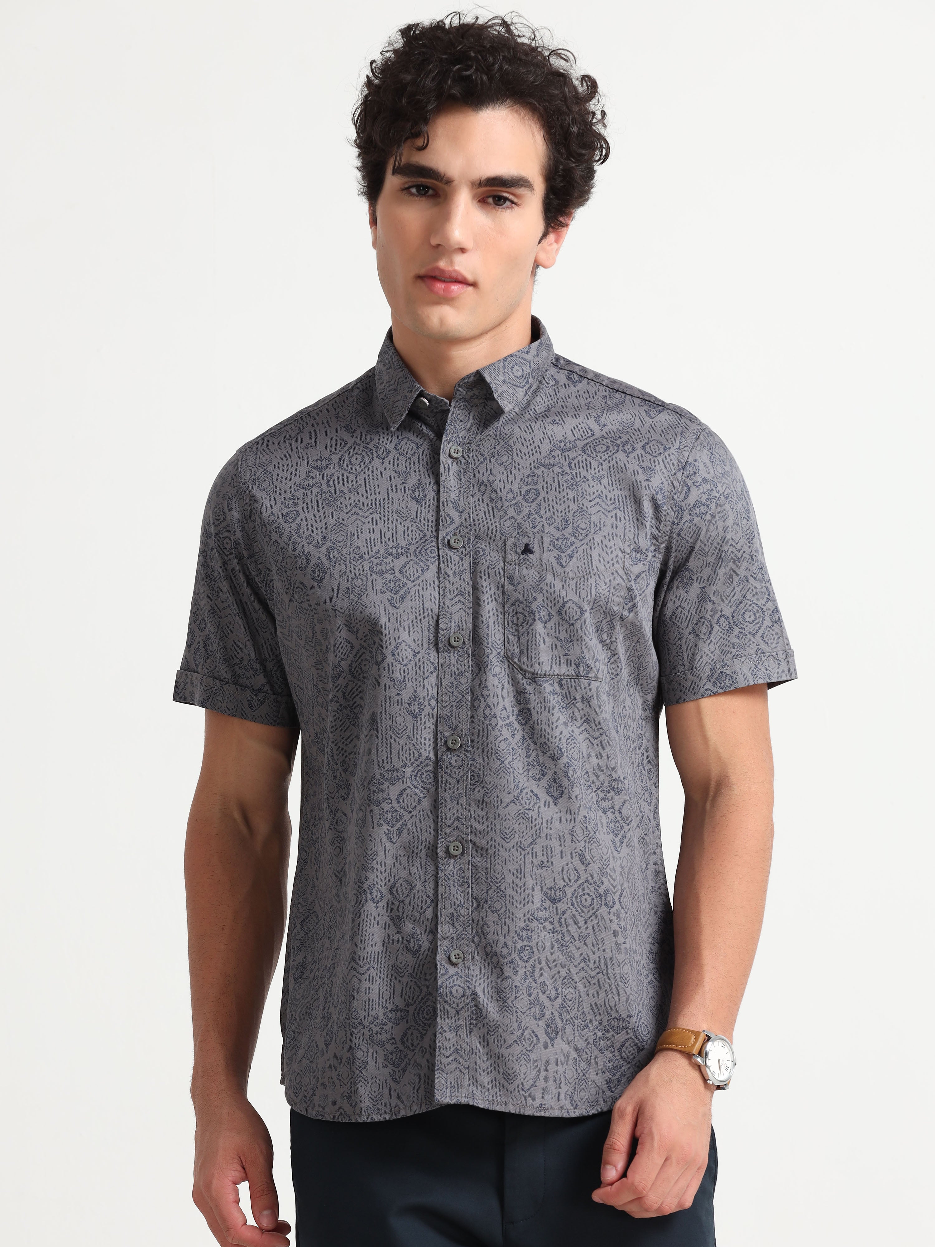 MEN'S DK.GREY PRINT SLIM FIT SHIRT