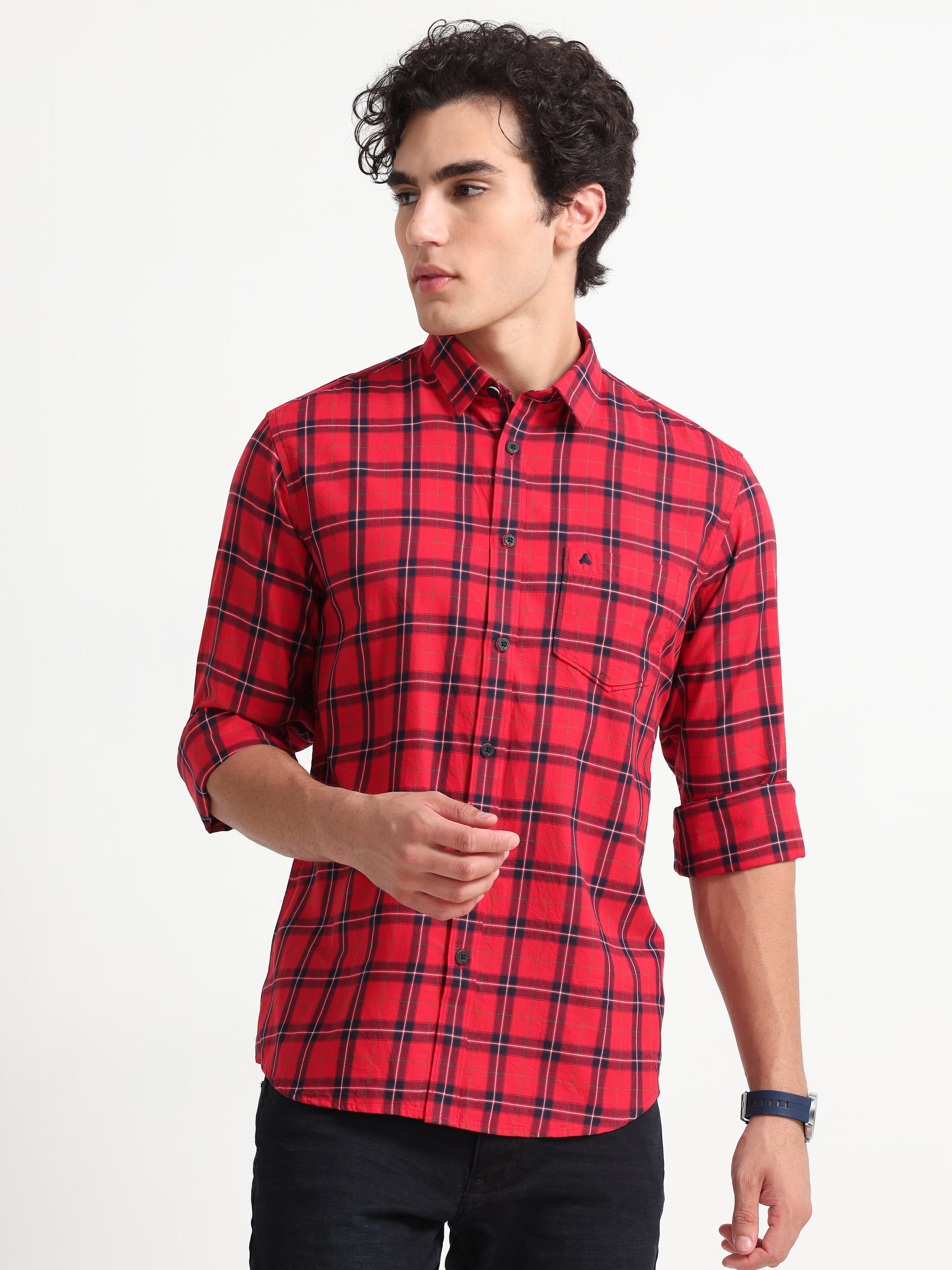 MEN'S RED TWILL CHECKS SLIM FIT SHIRT