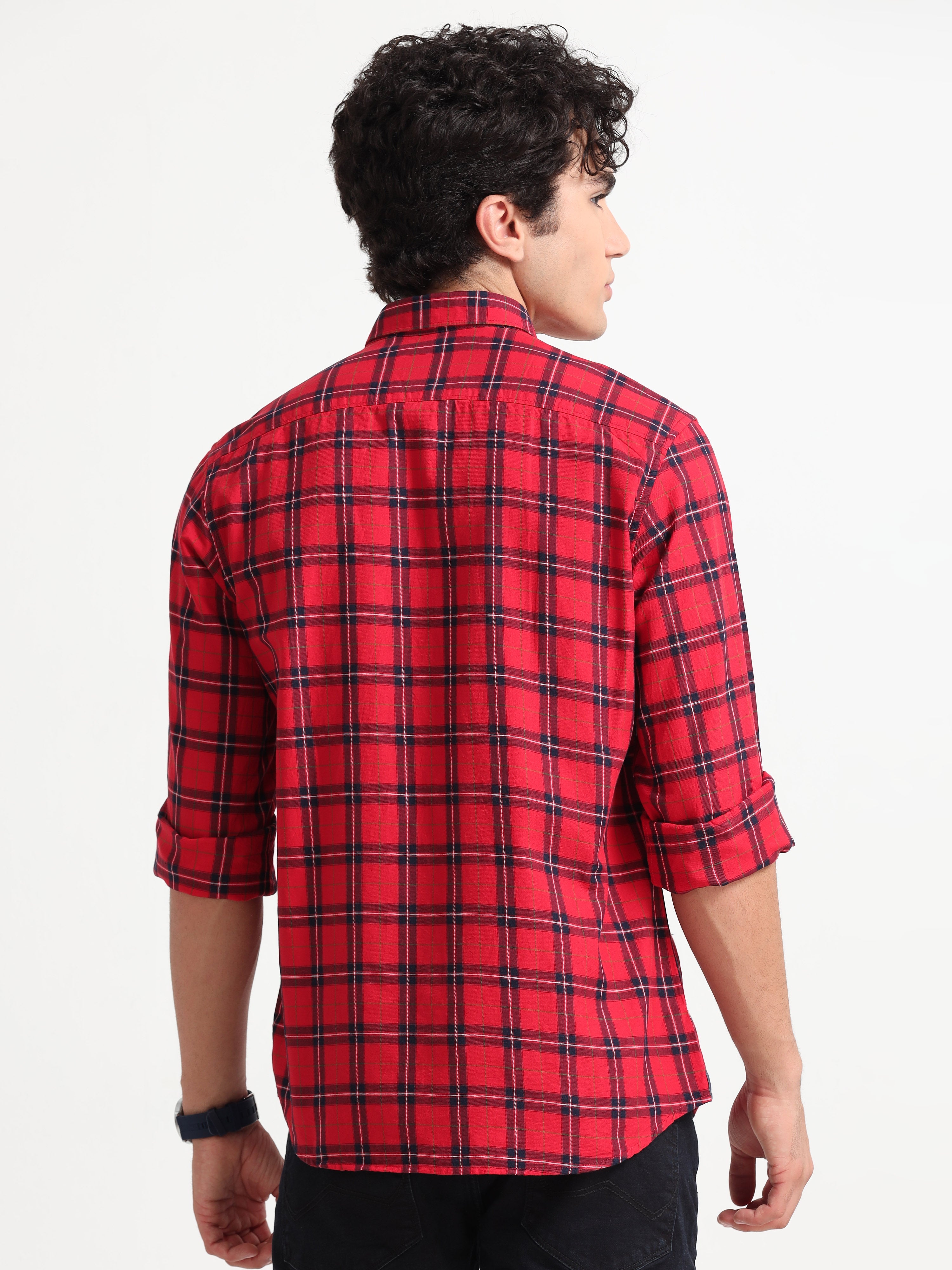 MEN'S RED TWILL CHECKS SLIM FIT SHIRT