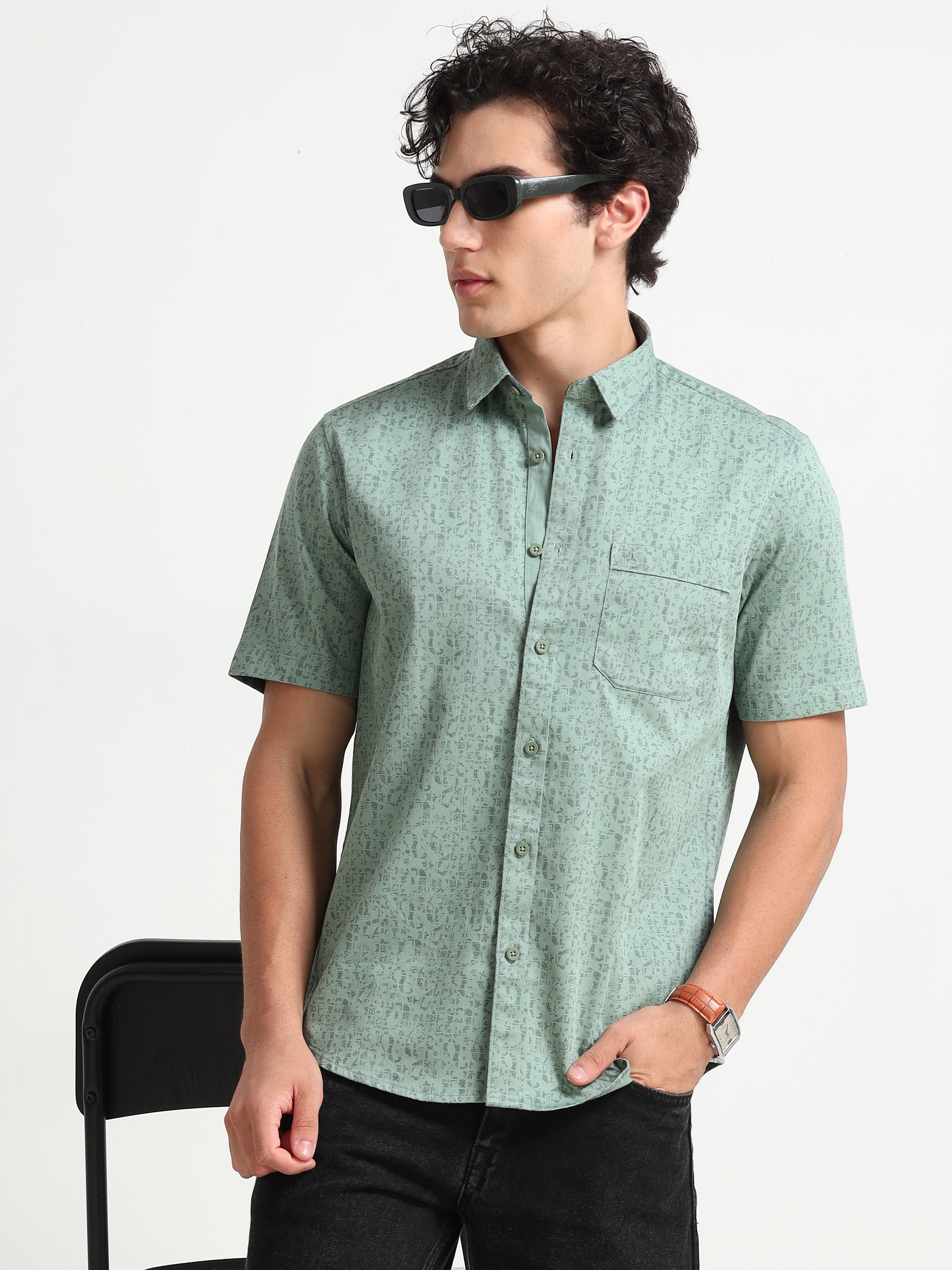 MEN'S GREEN PRINT SLIM FIT SHIRT