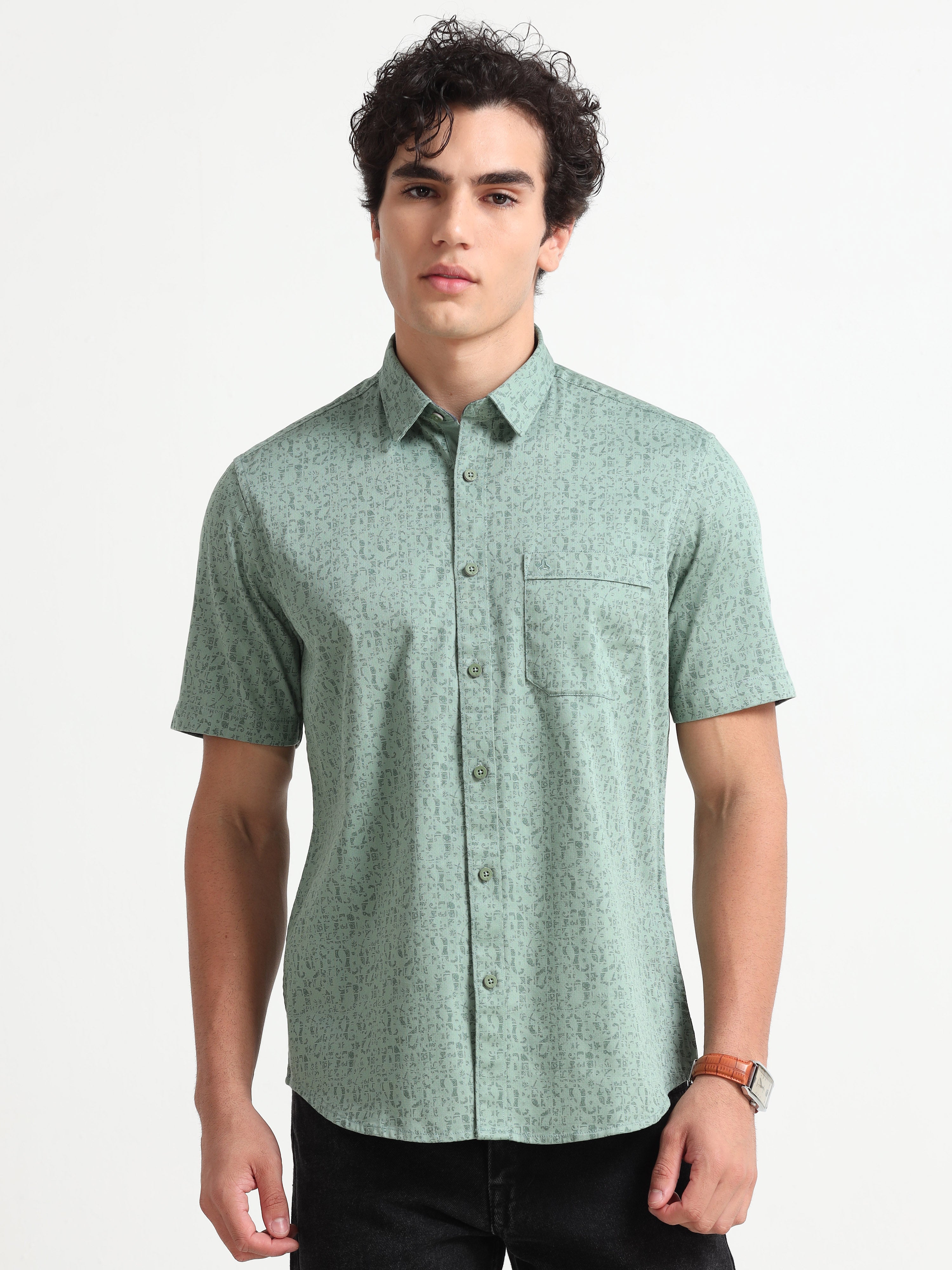 MEN'S GREEN PRINT SLIM FIT SHIRT