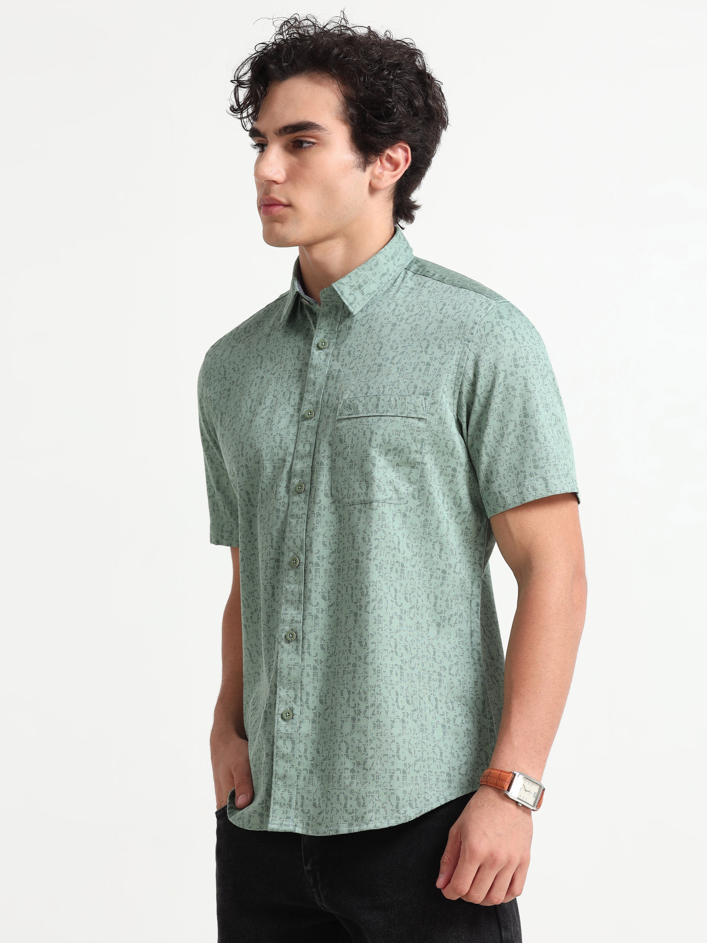 MEN'S GREEN PRINT SLIM FIT SHIRT