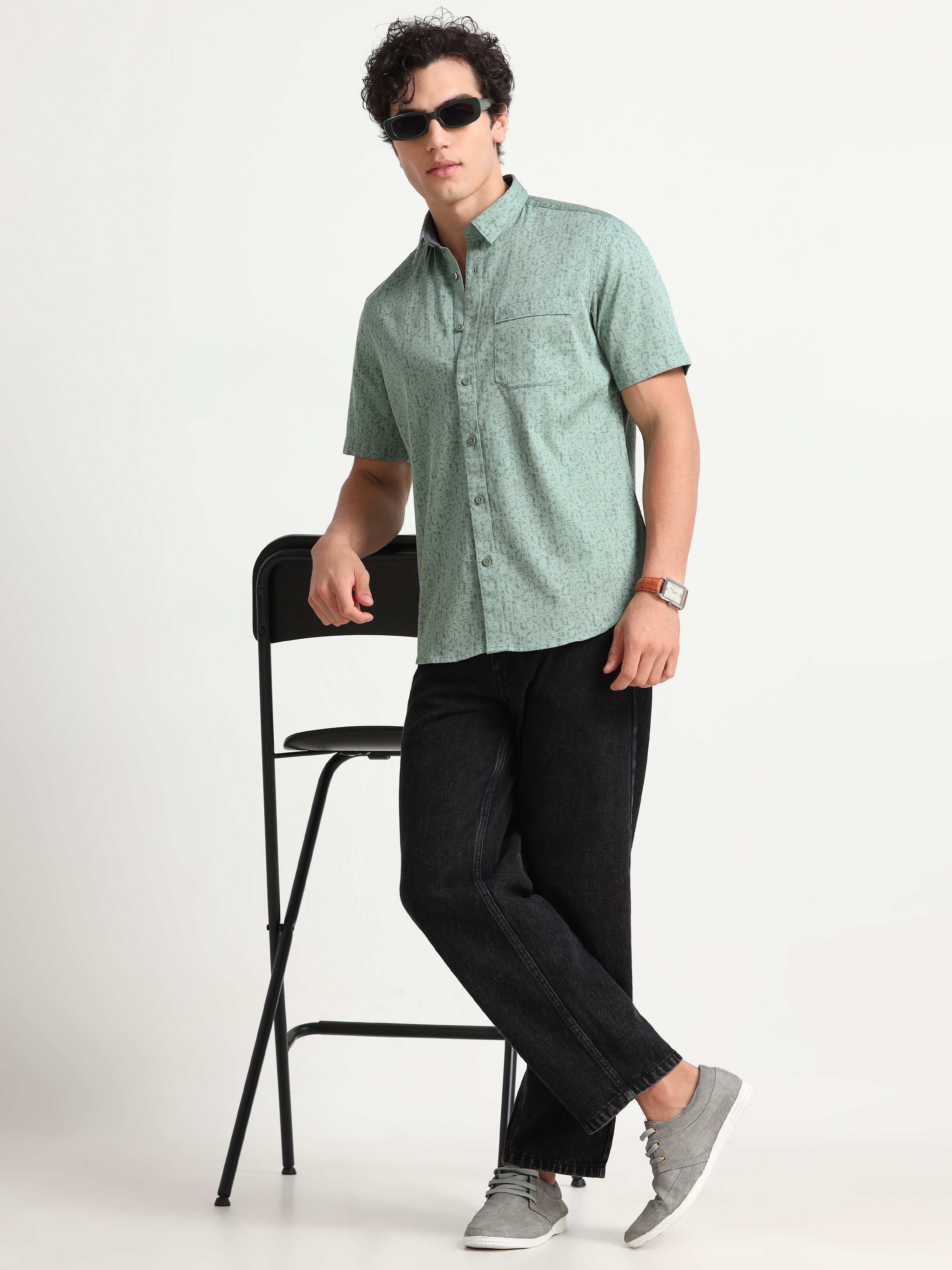 MEN'S GREEN PRINT SLIM FIT SHIRT