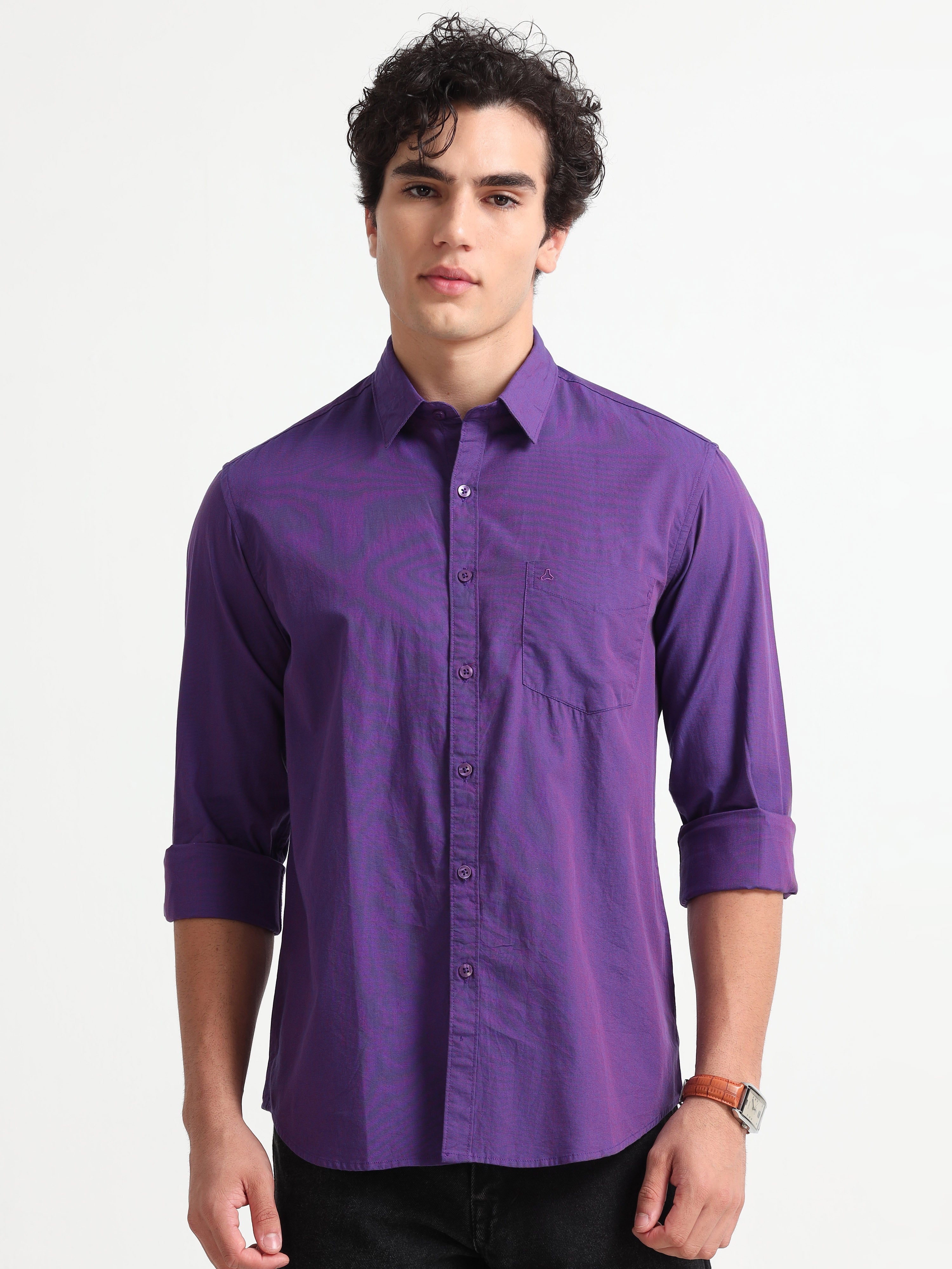 MEN'S PURPLE CROSS SOLID SLIM FIT SHIRT