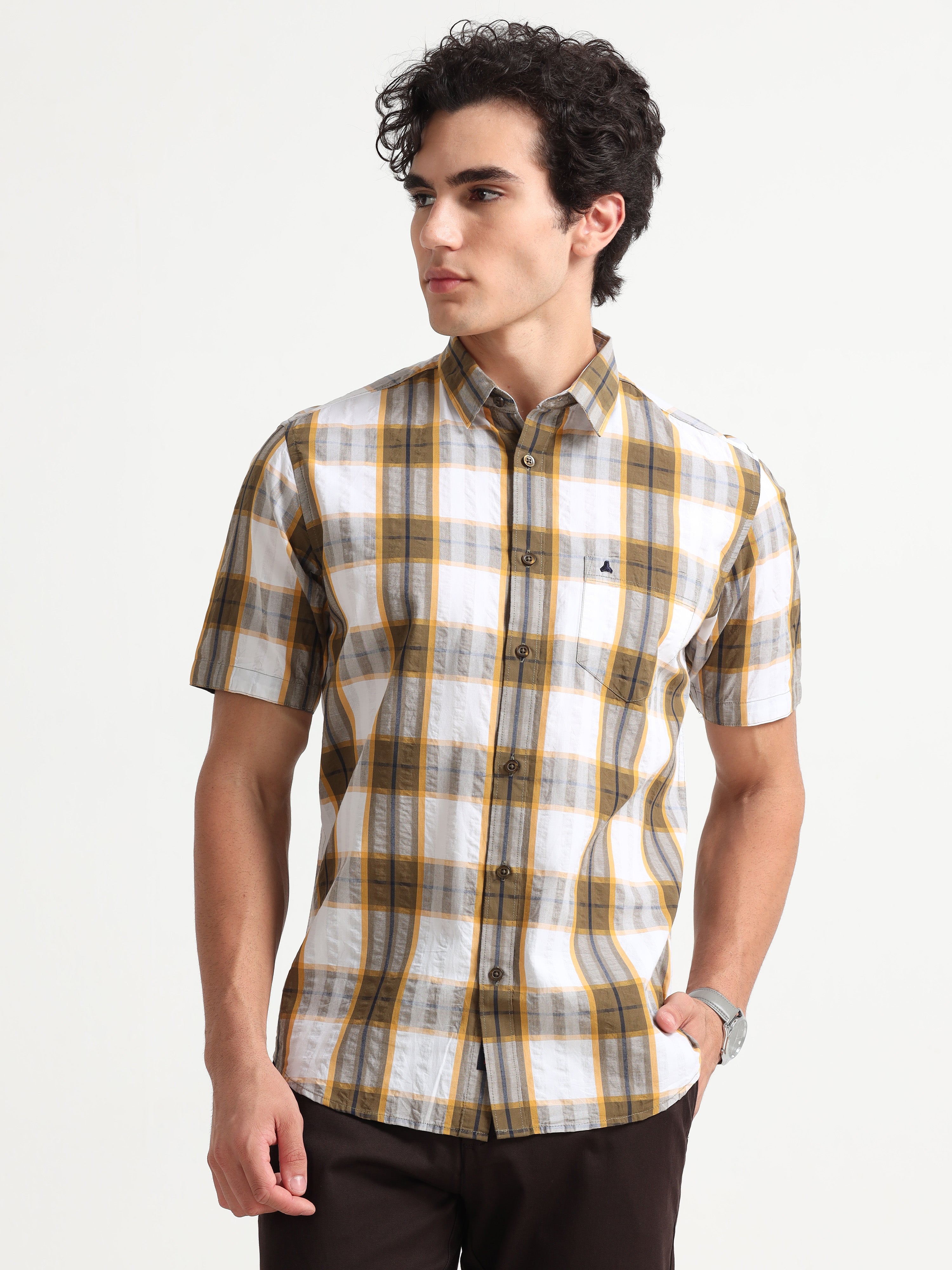 MEN'S DK.KHAKI CHECKS SLIM FIT SHIRT