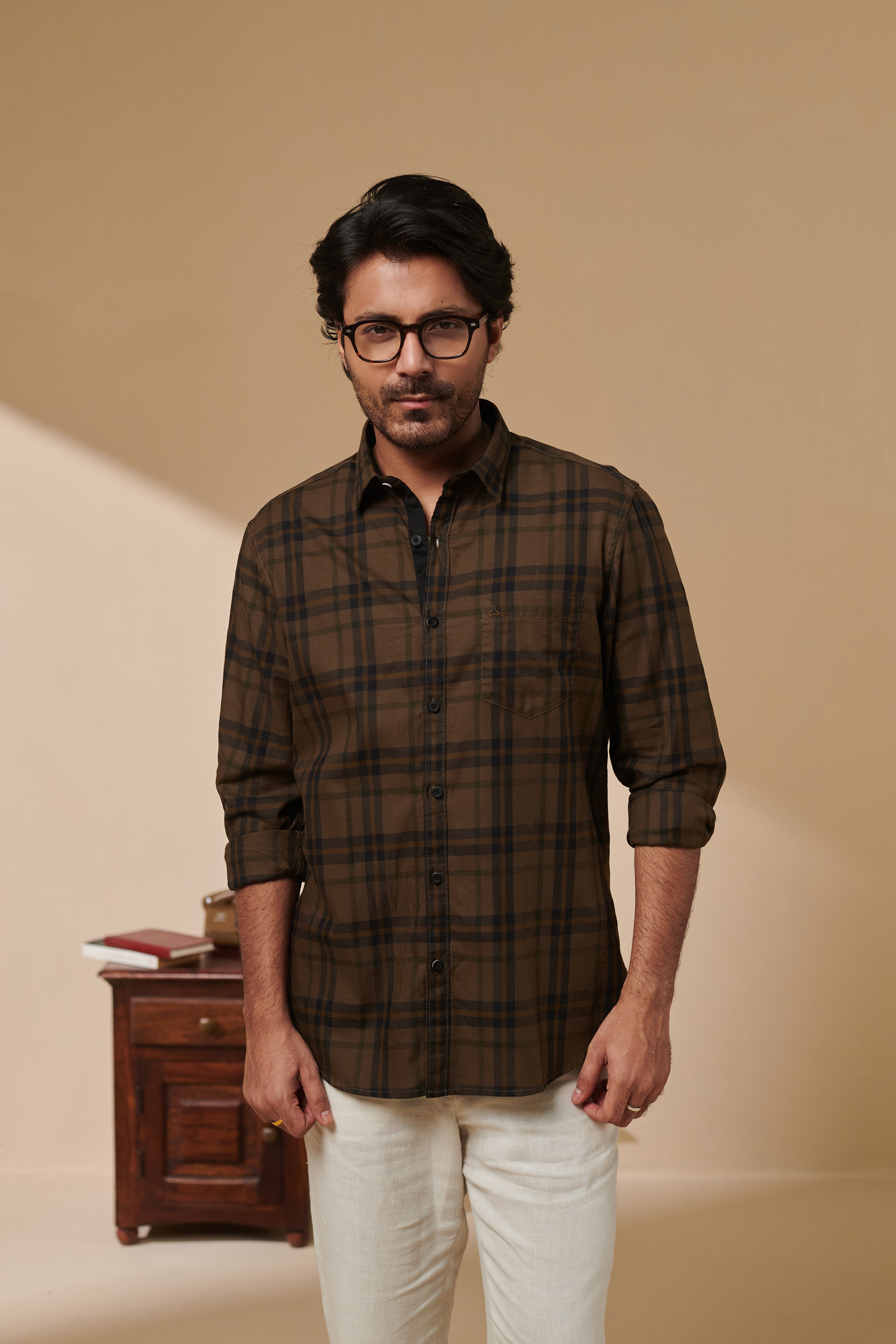 MEN'S DK.KHAKI CHECKS SLIM FIT SHIRT