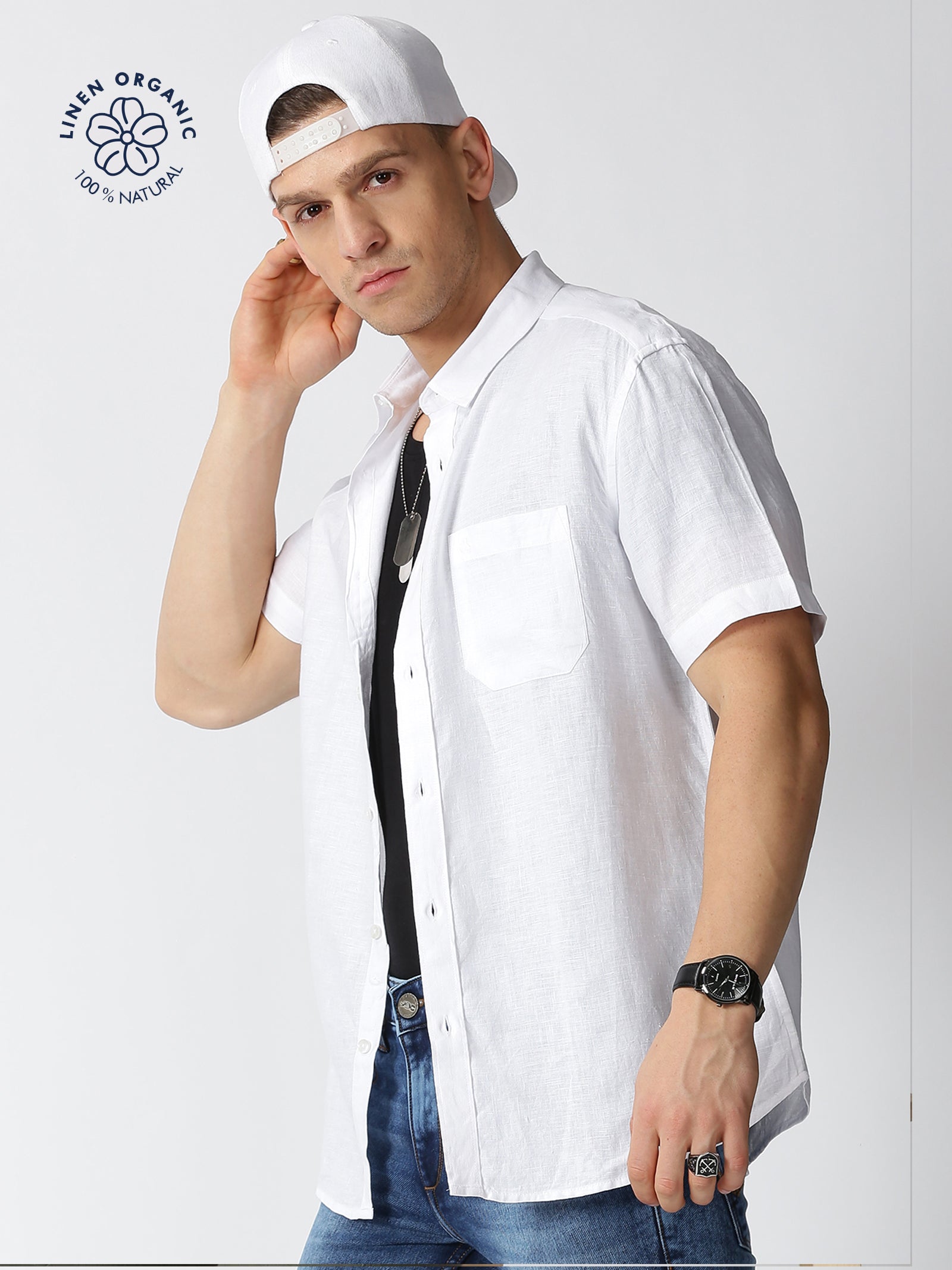 MEN LINEN WHITE SOLID SLIM FIT SHIRT