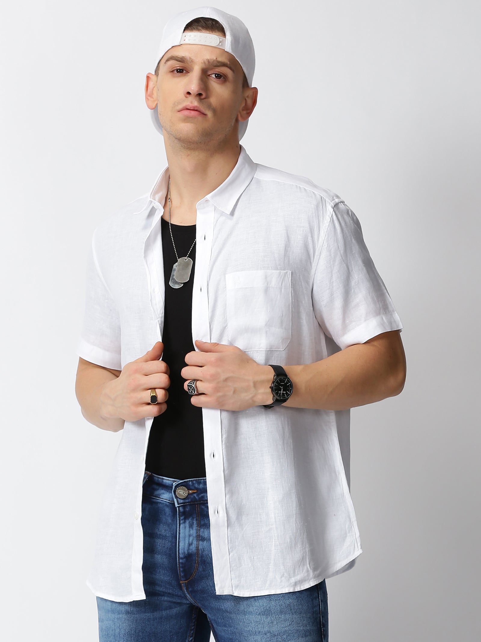 MEN LINEN WHITE SOLID SLIM FIT SHIRT