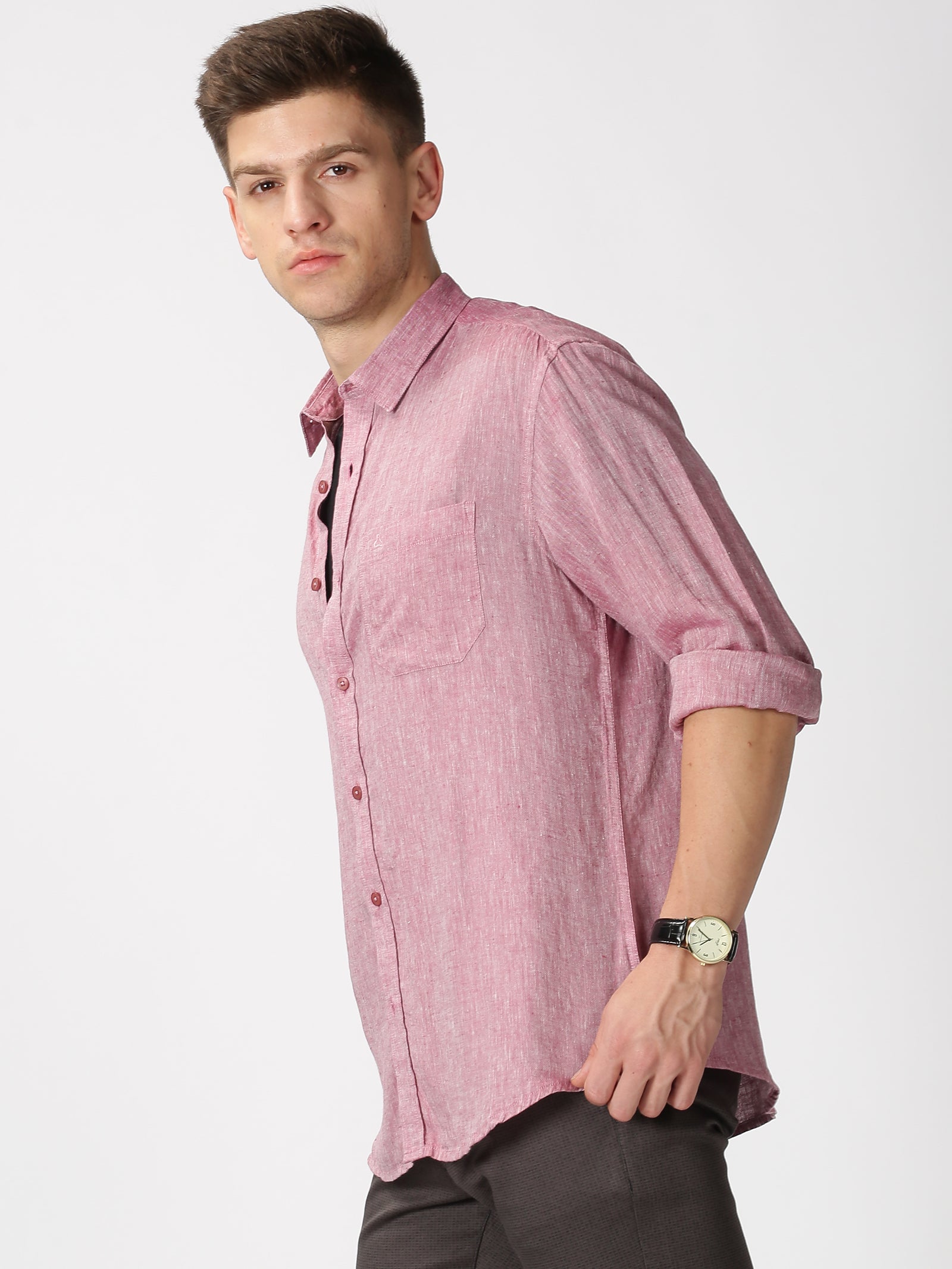 MEN'S LINEN MAROON SOLID SLIM FIT SHIRT