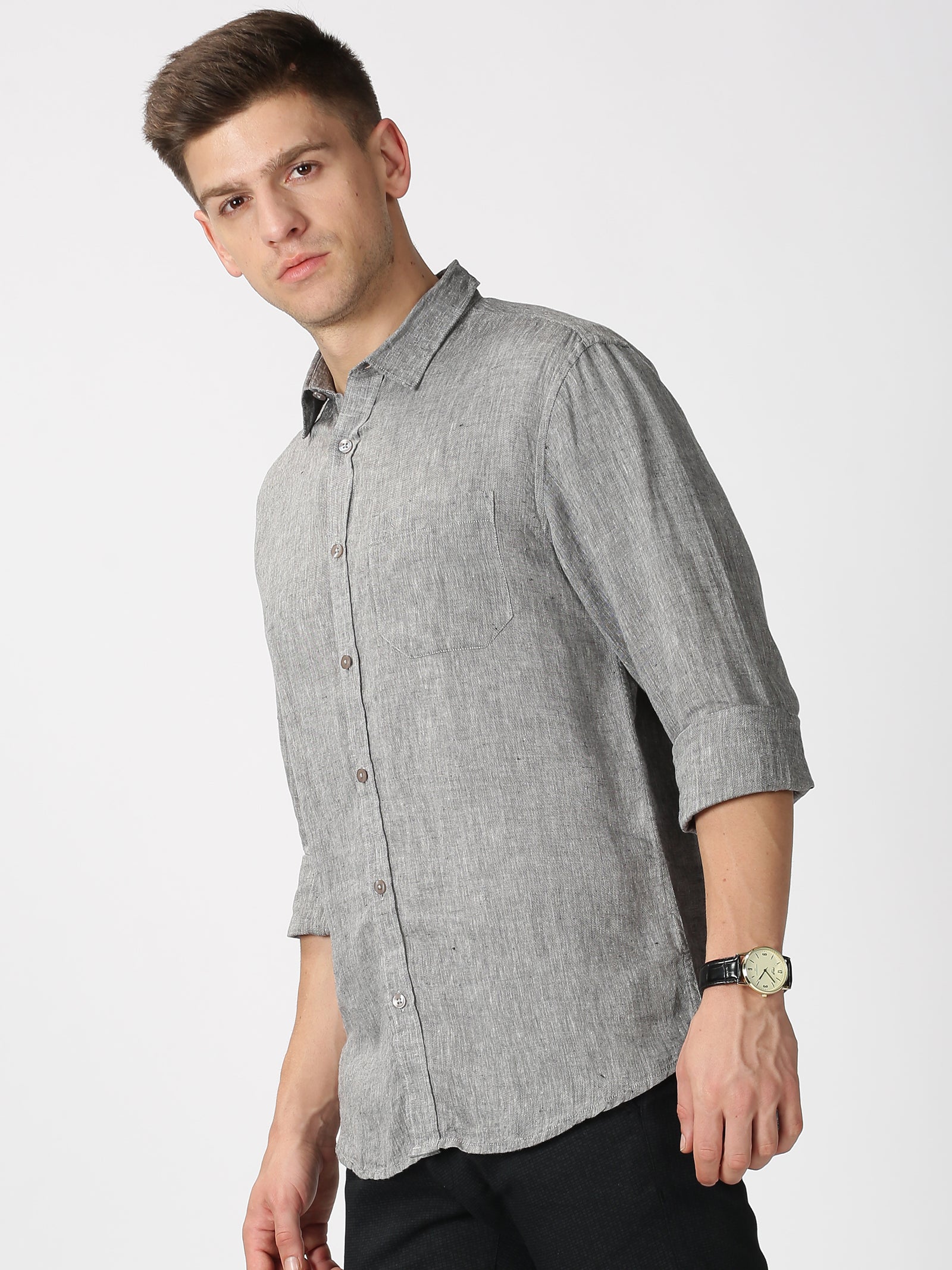 MEN'S LINEN BLACK SOLID SLIM FIT SHIRT