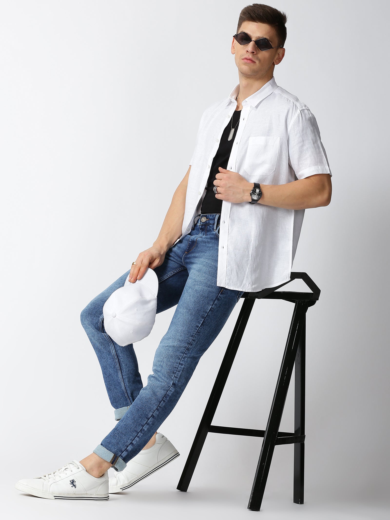 MEN LINEN WHITE SOLID SLIM FIT SHIRT