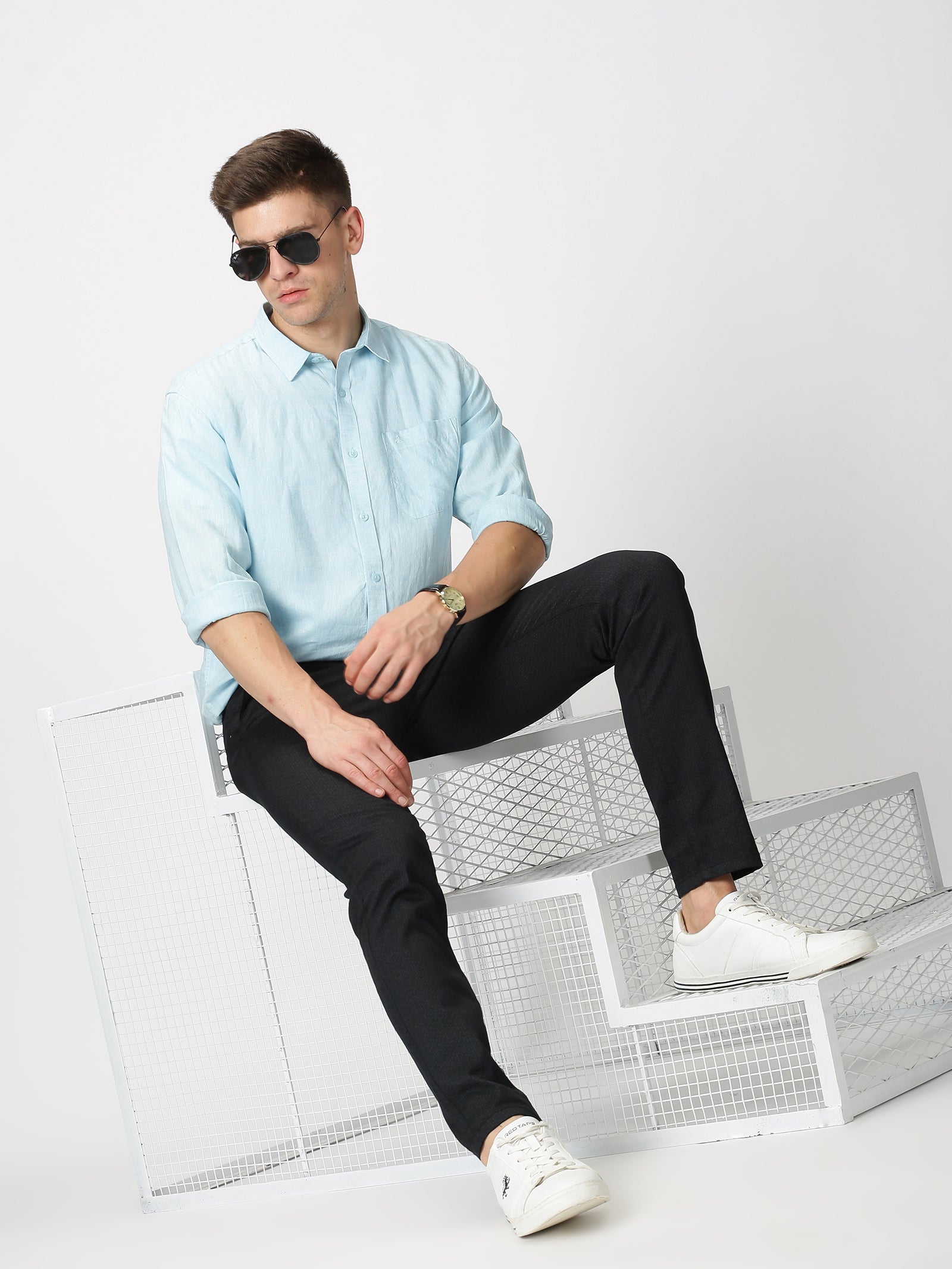 MEN'S LINEN SEA BLUE SOLID SLIM FIT SHIRT