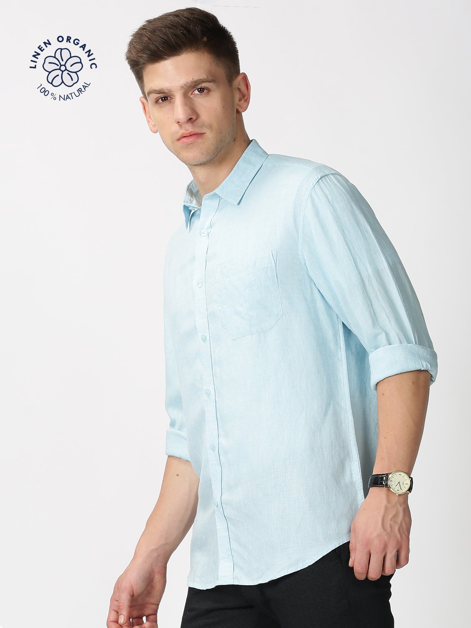 MEN'S LINEN SEA BLUE SOLID SLIM FIT SHIRT