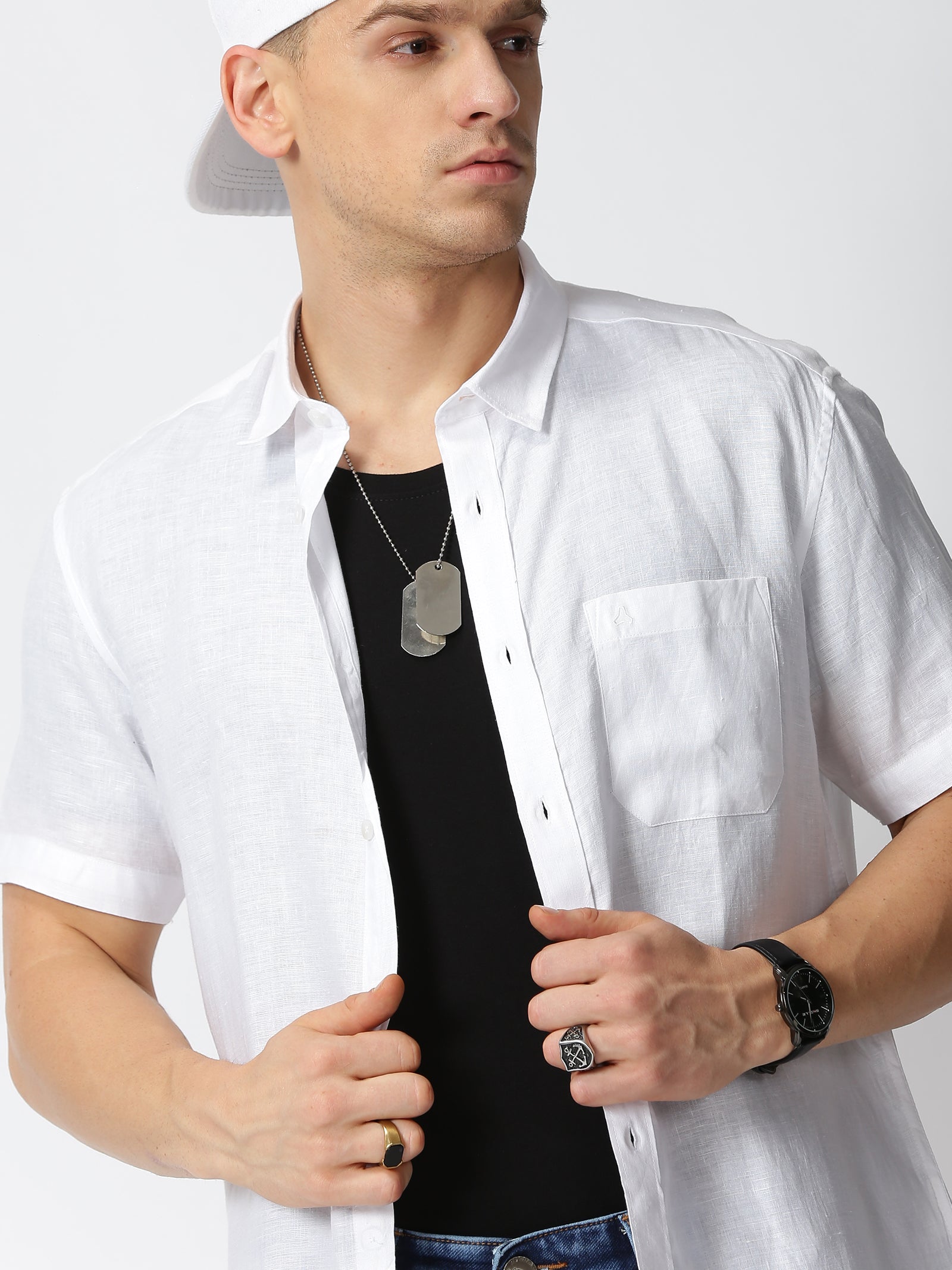 MEN LINEN WHITE SOLID SLIM FIT SHIRT