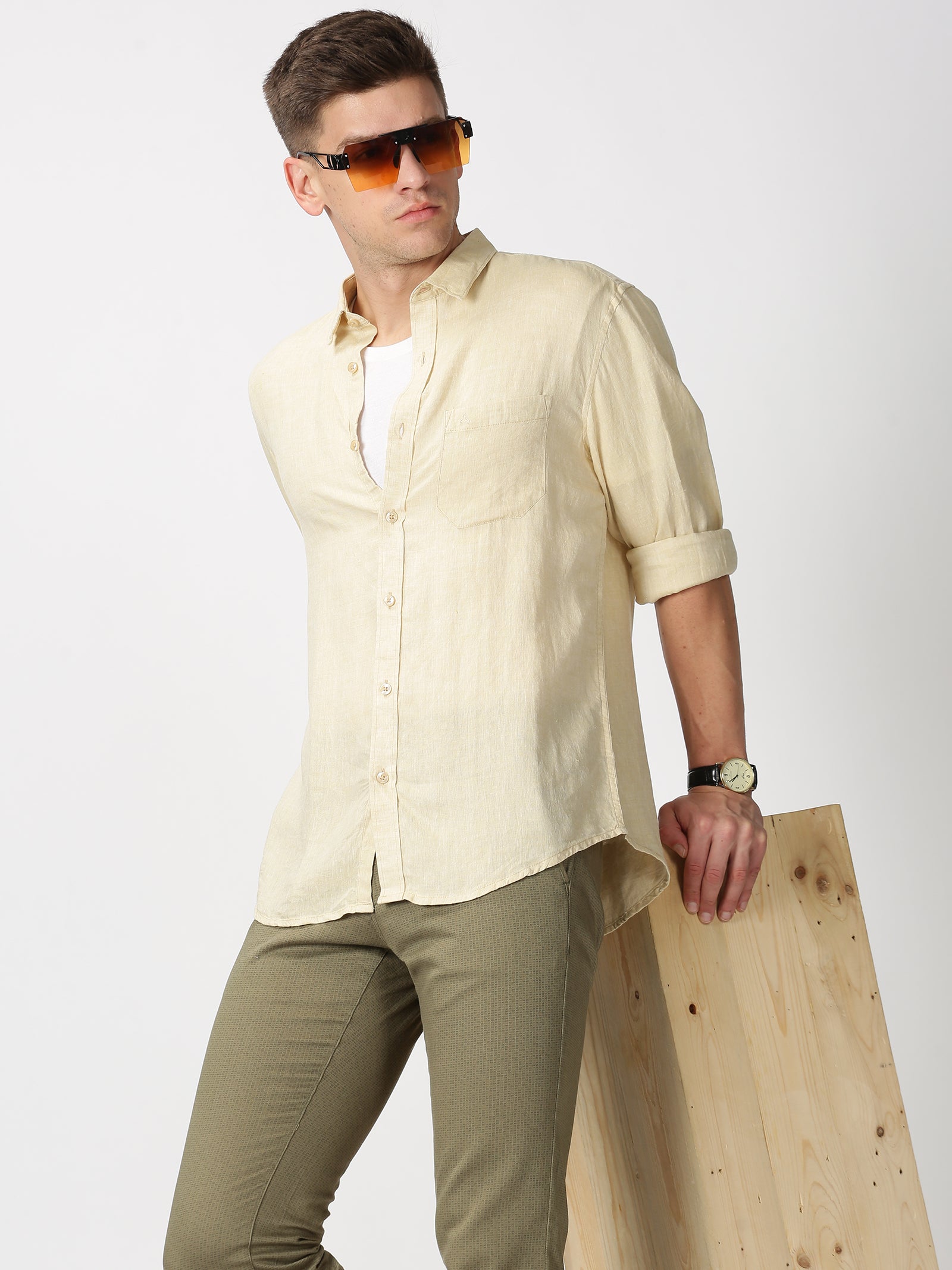 MEN'S LINEN BEIGE SOLID SLIM FIT SHIRT