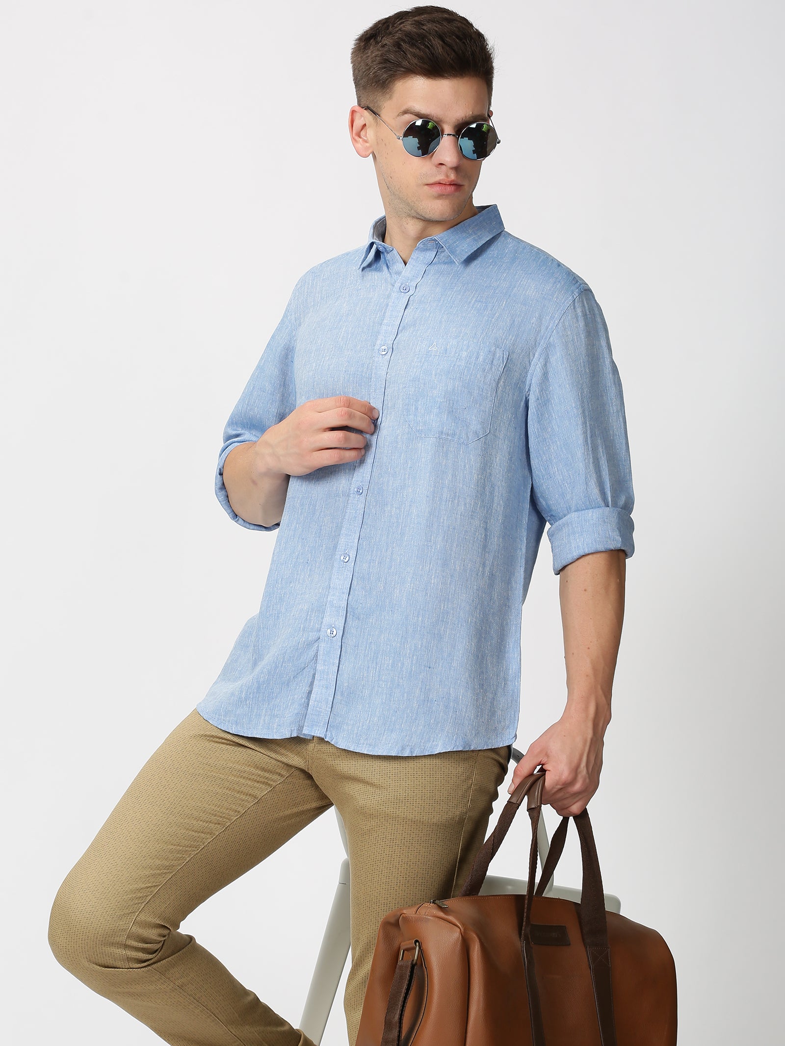 MEN'S LINEN NAVY BLUE SOLID SLIM FIT SHIRT