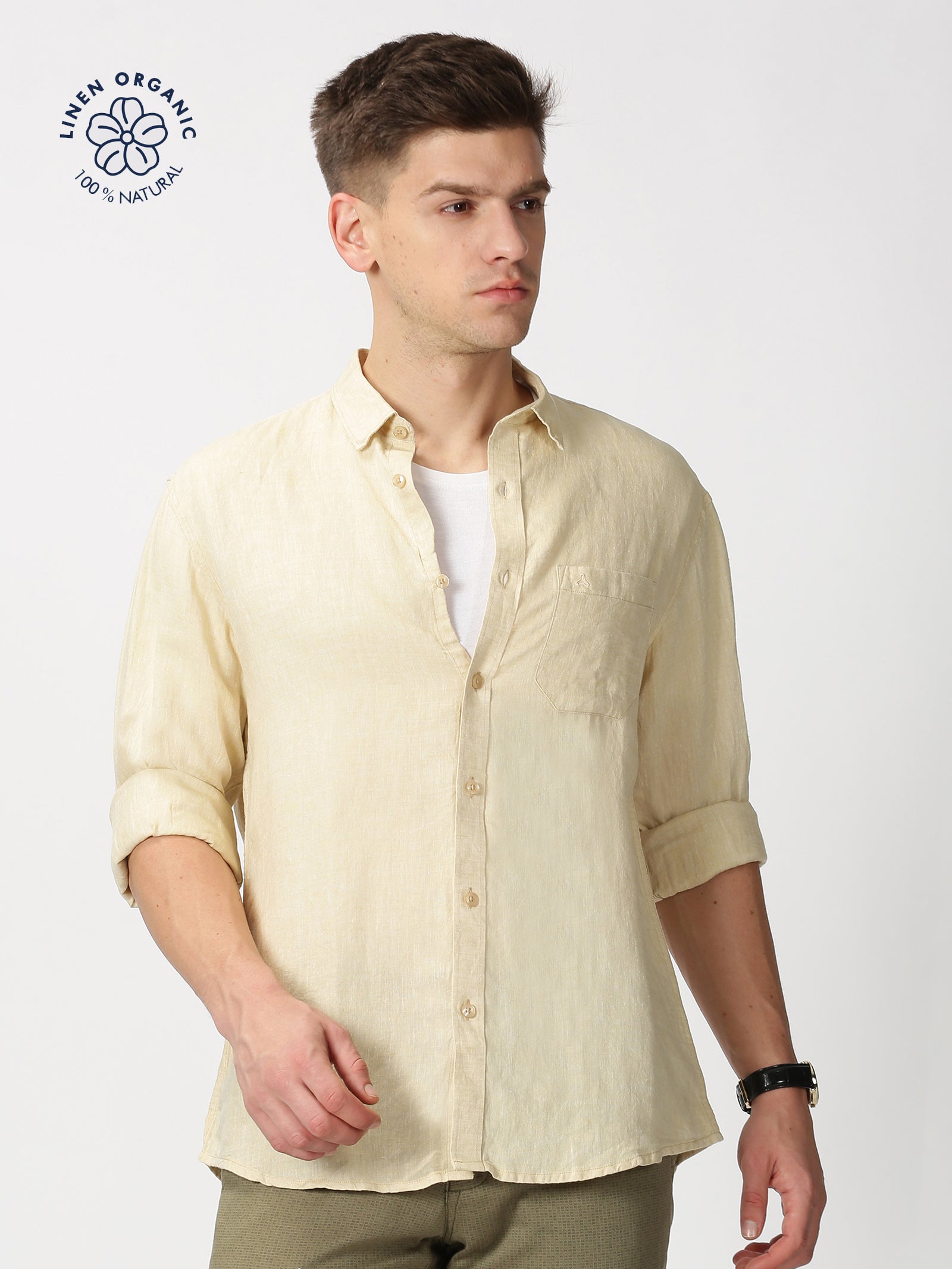 MEN'S LINEN BEIGE SOLID SLIM FIT SHIRT