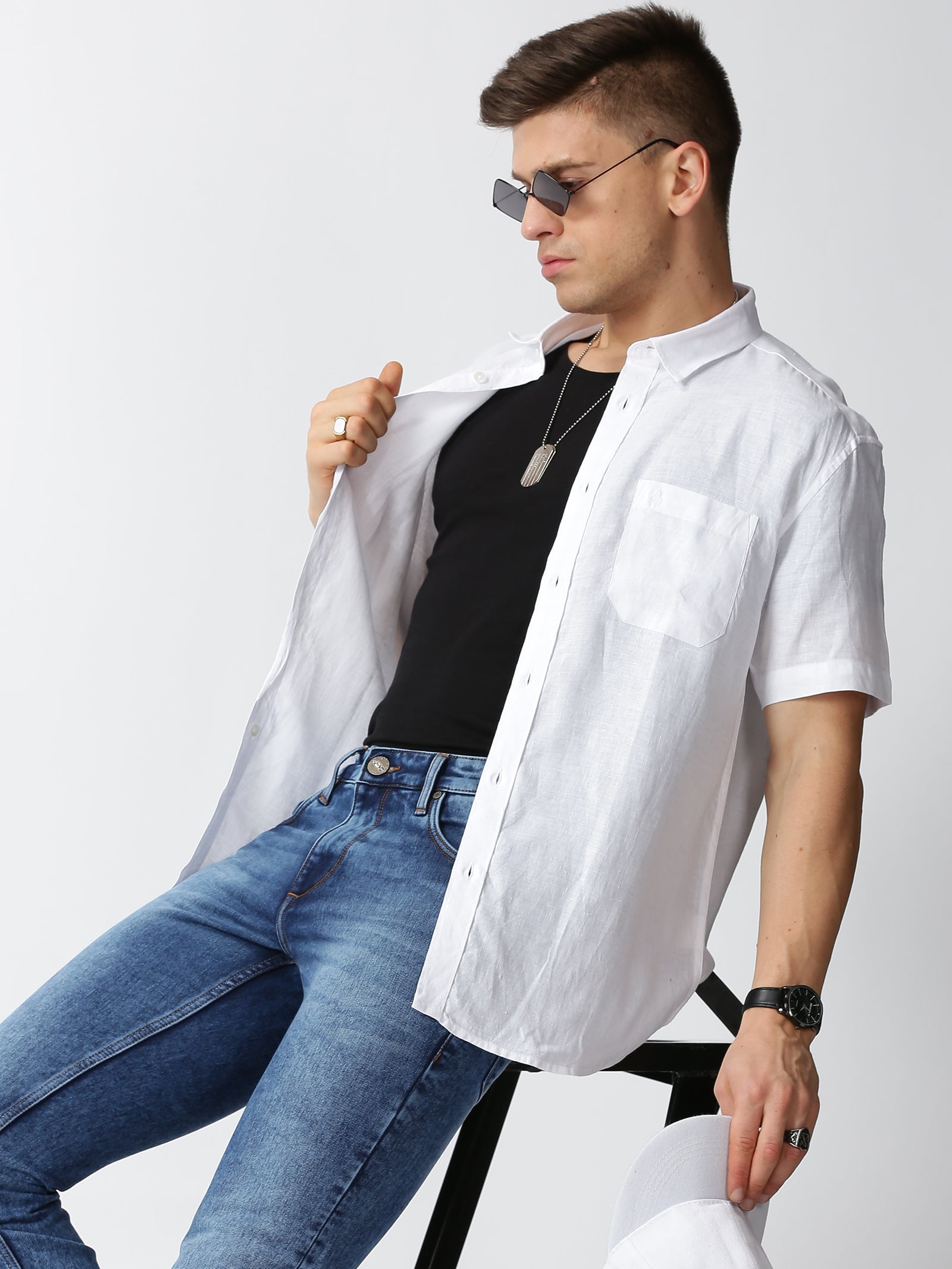 MEN LINEN WHITE SOLID SLIM FIT SHIRT